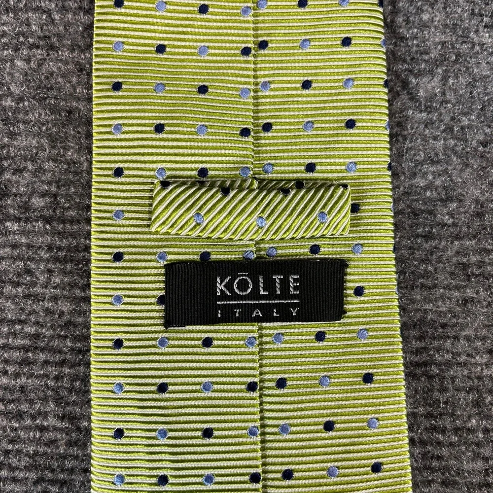 Kolte Italy Mens Silk Tie Lime Green Blue Polka Dot Ribbed Texture Made in Italy